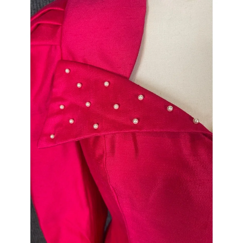 Vintage 80s Hot Pink Maxi Skirt Suit Set S/M Hot Pink Pearl Puff Sleeve USA Glam